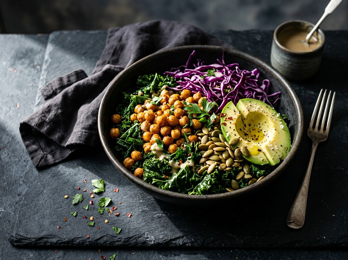 Bowl vegano de alto teor proteico com grão-de-bico, folhas verdes, tofu grelhado e abacate, exemplo de nutrição para vegetarianos